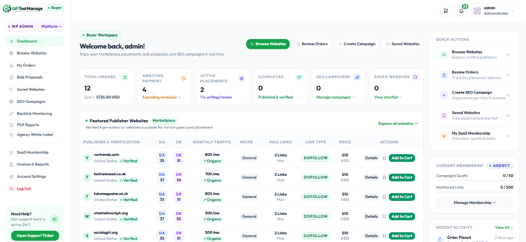 GP Tool Manage SEO Management Tools & Buyer Dashboard